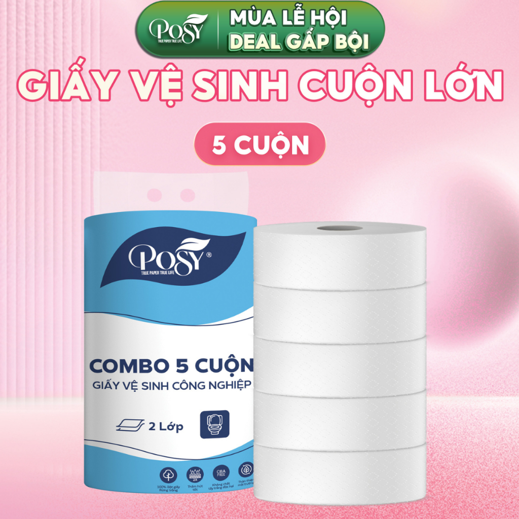 POSY_[TRỢ GIÁ] - COMBO 5 CUỘN GVS POSY - Cuộn lớn, 700gram 2 lớp, mềm mịn, tiết kiệm, thân thiện với môi trường
