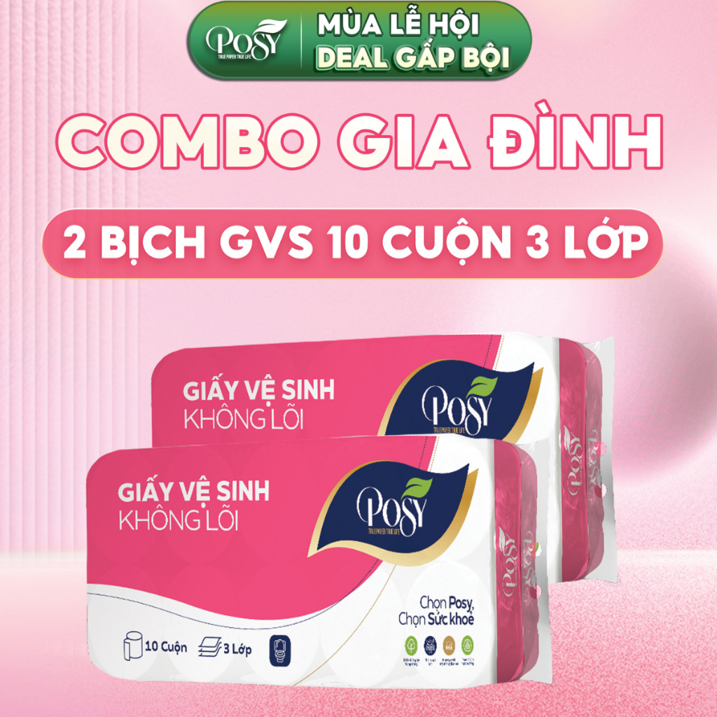 POSY - COMBO GIA ĐÌNH - 2 bịch Giấy vệ sinh Posy 10 cuộn 3 lớp không lõi - có lõi mềm mịn, dễ tan trong nước, tiết kiệm