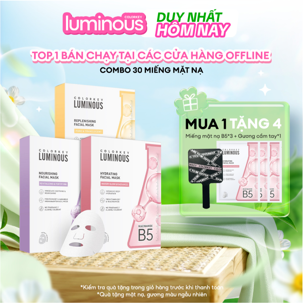 Combo 3 Hộp Mặt Nạ Giấy COLORKEY LUMINOUS Vitamin B5 Cấp Ẩm Cho Da Mịn Màng 10 miếng/hộp