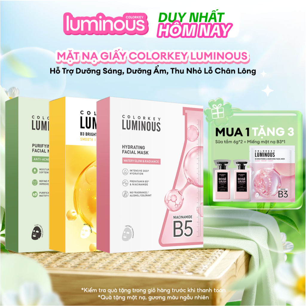 Mặt Nạ Giấy COLORKEY LUMINOUS Vitamin B5/ Vitamin B3/ Trà xanh Hỗ trợ dưỡng ẩm, sáng da, giảm dầu mụn 10 miếng/hộp
