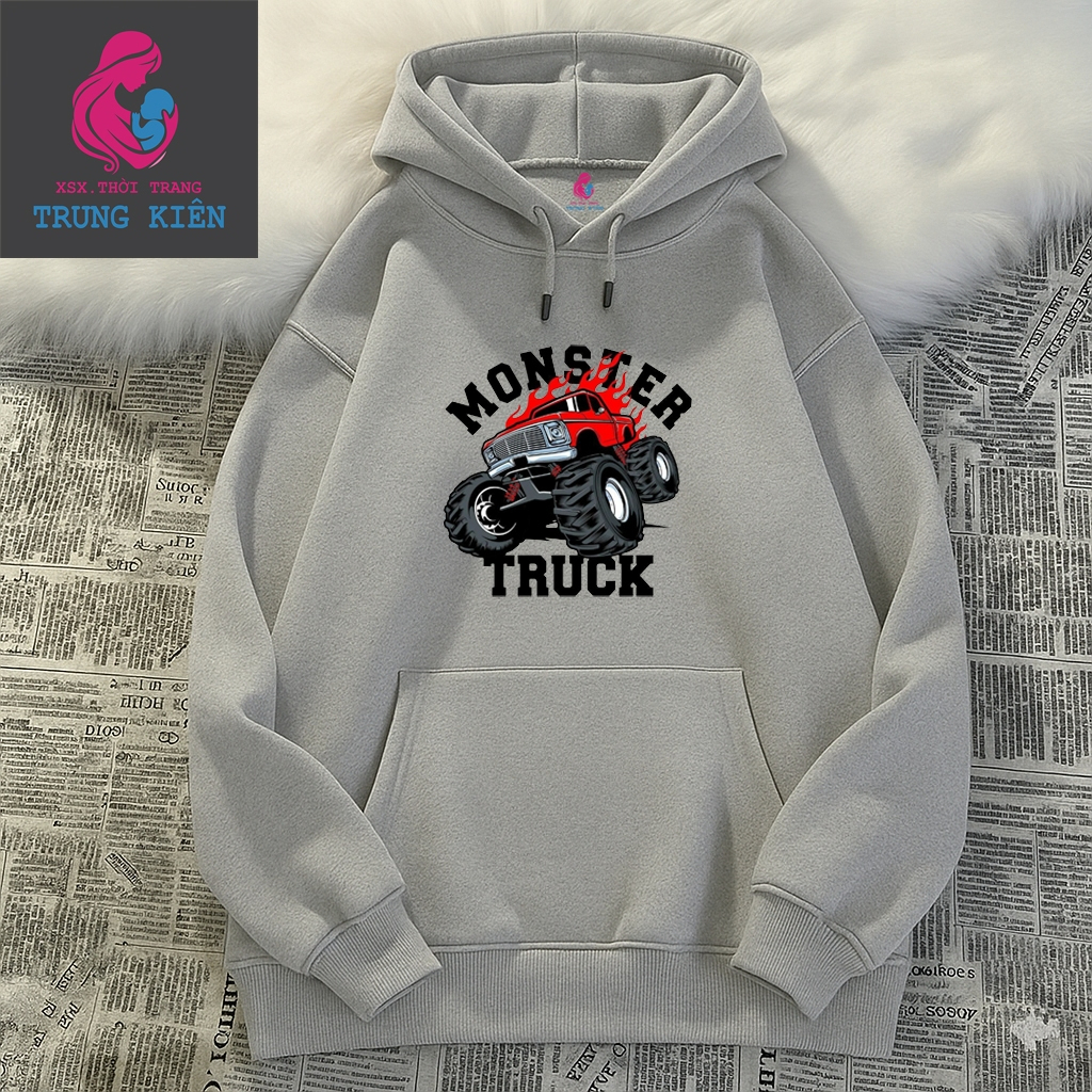 Áo Hoodie Trẻ Em Mùa Lạnh, Hình Xe Tải Đỏ Monster Truck Nổi Bật, Nỉ Cotton Giữ Nhiệt Tốt (M 338)