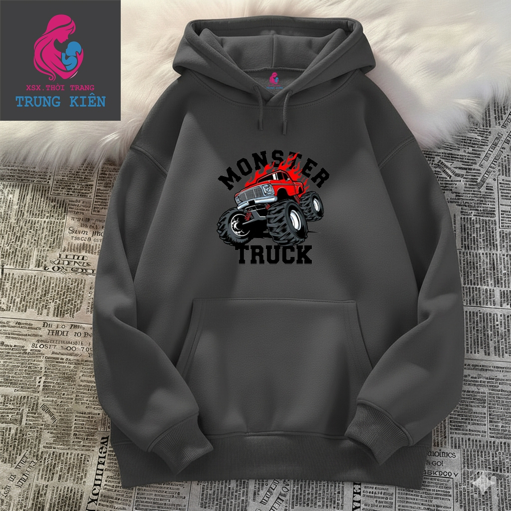 Áo Hoodie Trẻ Em Mùa Lạnh, Hình Xe Tải Đỏ Monster Truck Nổi Bật, Nỉ Cotton Giữ Nhiệt Tốt (M 338)