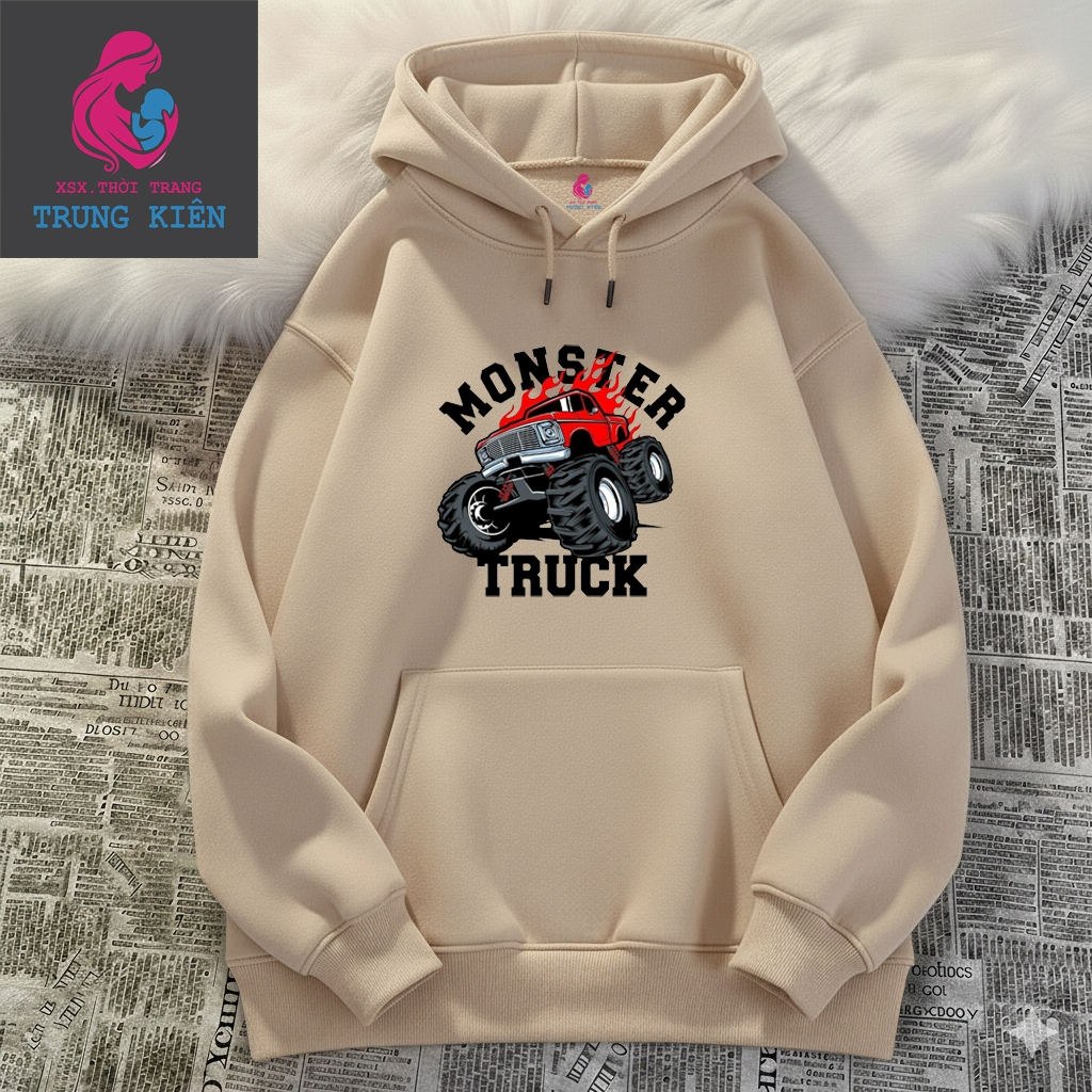 Áo Hoodie Trẻ Em Mùa Lạnh, Hình Xe Tải Đỏ Monster Truck Nổi Bật, Nỉ Cotton Giữ Nhiệt Tốt (M 338)
