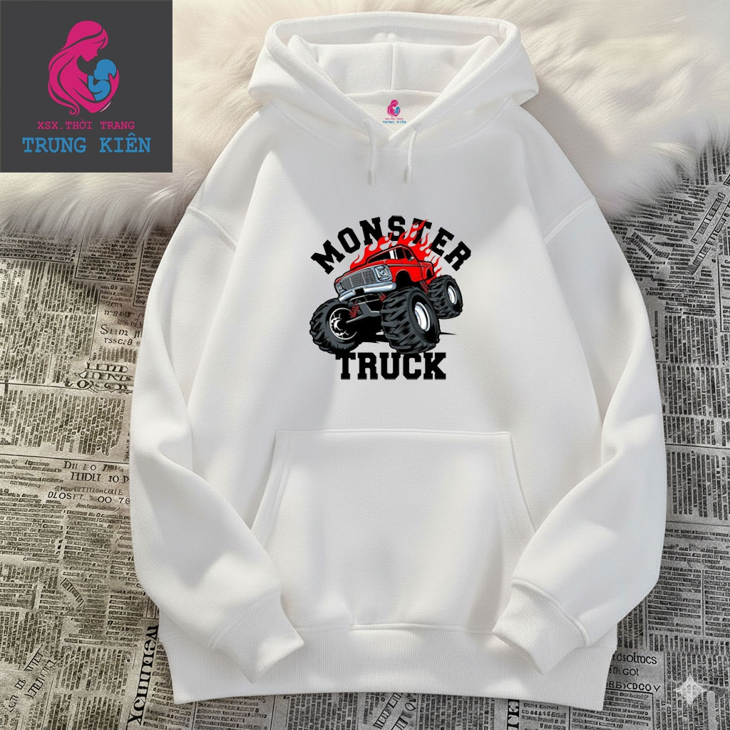 Áo Hoodie Trẻ Em Mùa Lạnh, Hình Xe Tải Đỏ Monster Truck Nổi Bật, Nỉ Cotton Giữ Nhiệt Tốt (M 338)
