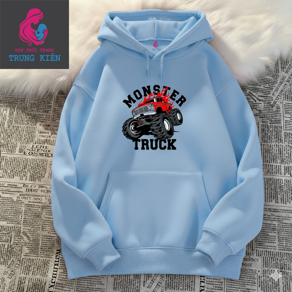 Áo Hoodie Trẻ Em Mùa Lạnh, Hình Xe Tải Đỏ Monster Truck Nổi Bật, Nỉ Cotton Giữ Nhiệt Tốt (M 338)
