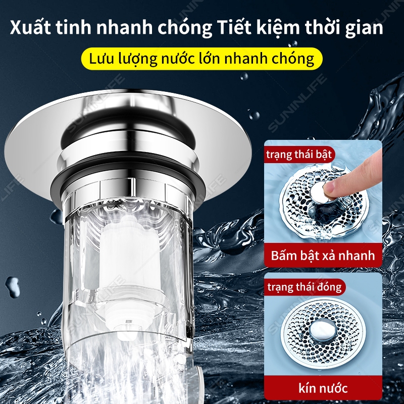 Nút Nhấn Xả Lavabo Ngăn Mùi Hôi Chống Côn Trùng Mặt Inox Bóng Lọc Rác Chống Tắc Phù Hợp Lỗ 33–40mm