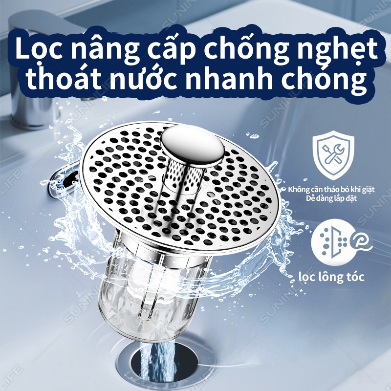 Nút Nhấn Xả Lavabo Ngăn Mùi Hôi Chống Côn Trùng Mặt Inox Bóng Lọc Rác Chống Tắc Phù Hợp Lỗ 33–40mm