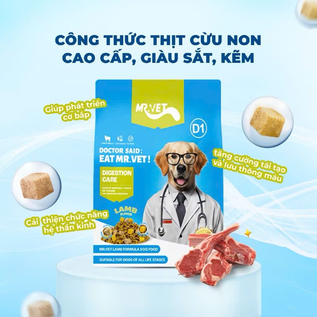 [Chính Hãng] Thức Ăn Hạt Hoàn Chỉnh MR.VET Cho Chó 1.4KG - Dòng D1 Vị Cừu Dầu Cá Hồi Mượt Lông - Kén Ăn