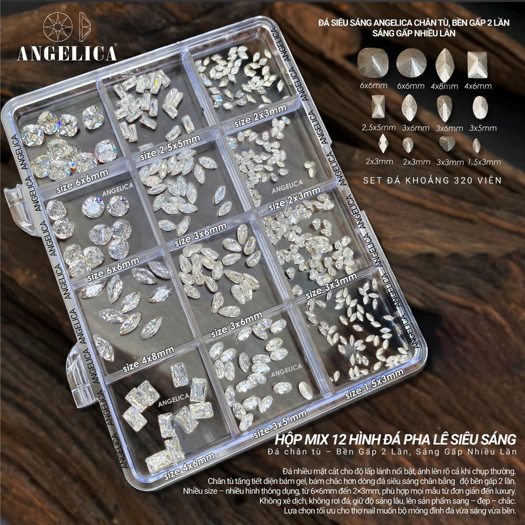 Hộp Mix 12 Hình Đá Pha Lê Siêu Sáng ANGELICA - Đá Chân Tù Bền Gấp 2 Lần Sáng Gấp Nhiều Lần