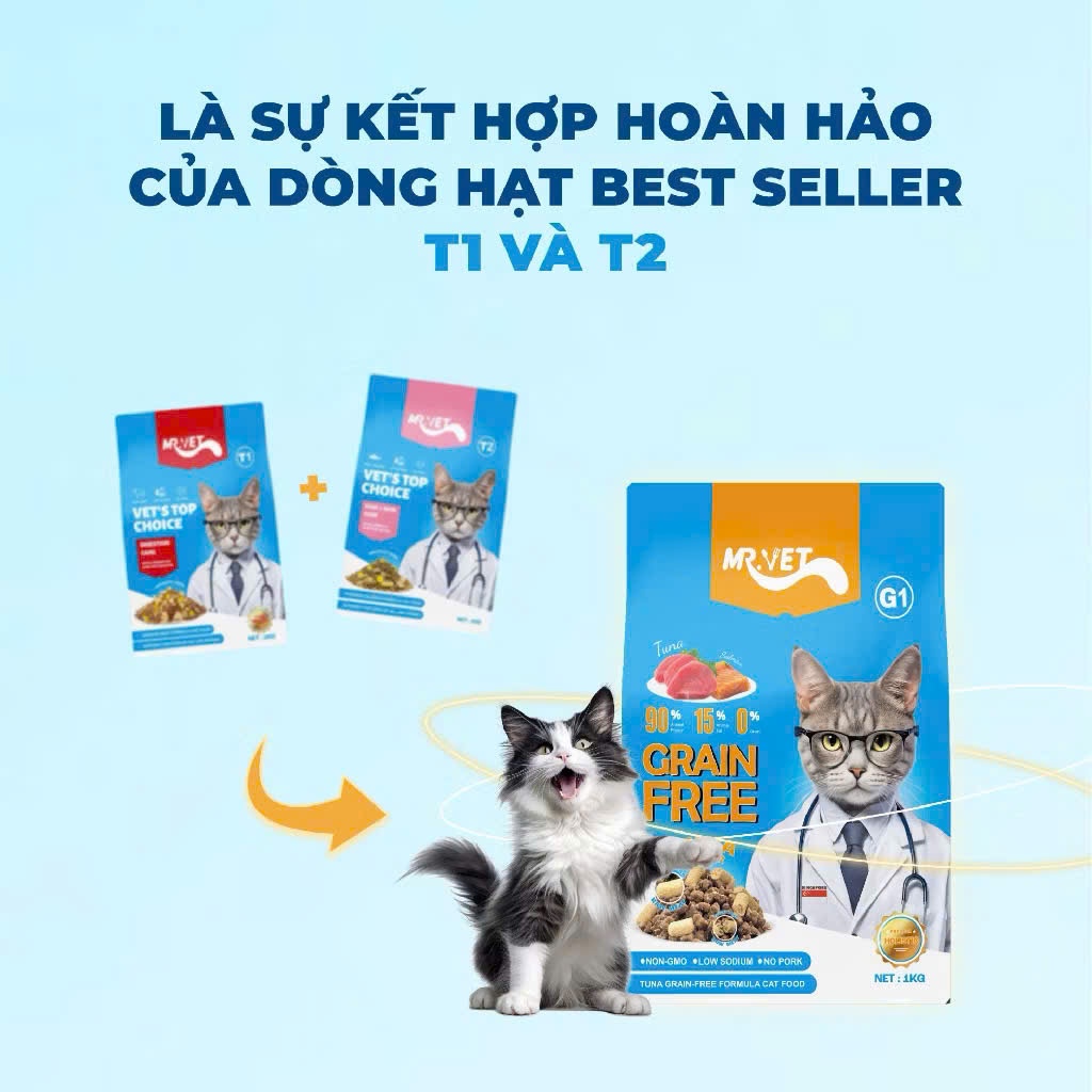 [Chính Hãng] Thức Ăn Hạt Cho Mèo MR.VET 1KG - Dòng G1 Cao Cấp GrainFree , Bảo Vệ Toàn Diện Mèo Cưng