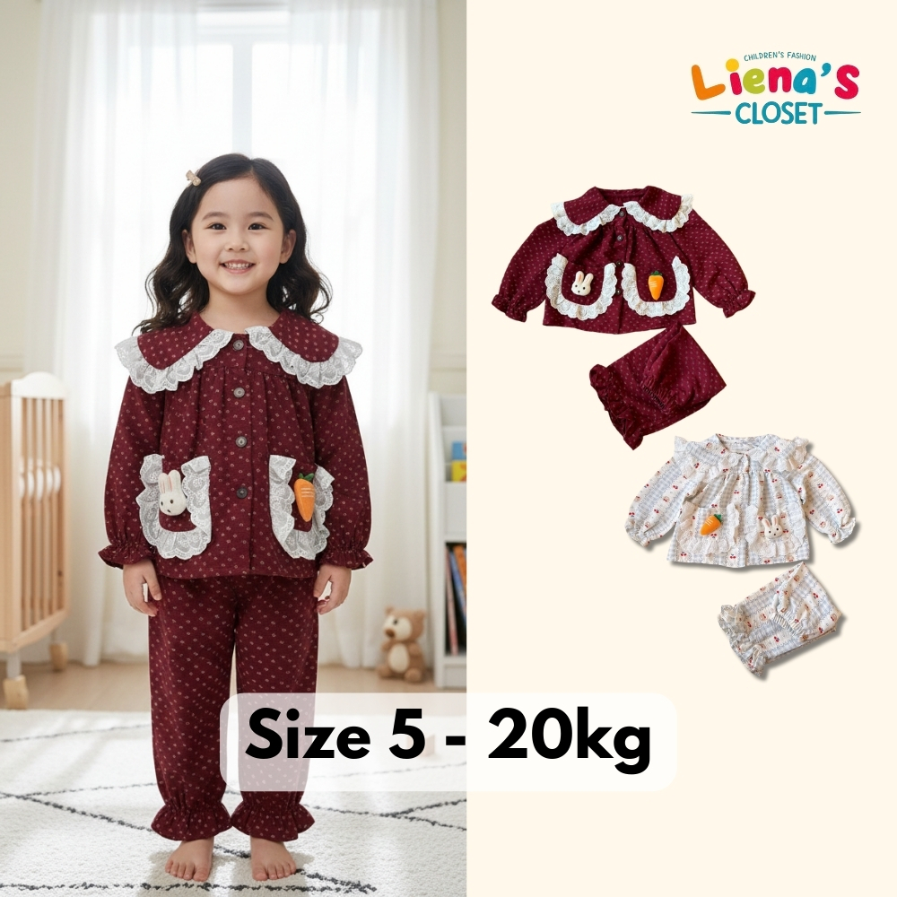 Bộ Dài Tay Bé Gái Chất Đũi Cổ Sen Ren Bèo Thêu Thỏ Cà Rốt Xinh Xắn Nhà Liena’s Closet