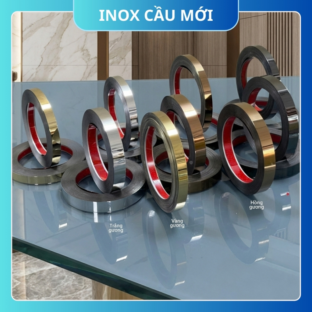 Nẹp la inox dán tường 5 mét/10 mét, có keo sẵn, màu bạc gương, hồng gương, vàng gương, đen gương