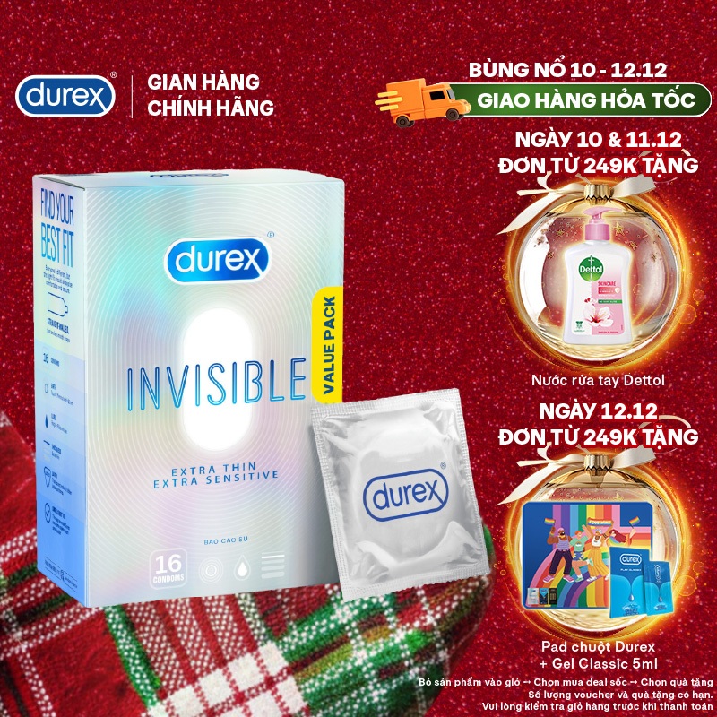 Bao Cao Su Durex Invisible Siêu Mỏng, Size 52 mm, Hộp 16 Bao Mới Ra Mắt - Hộp Lớn Siêu Tiết Kiệm