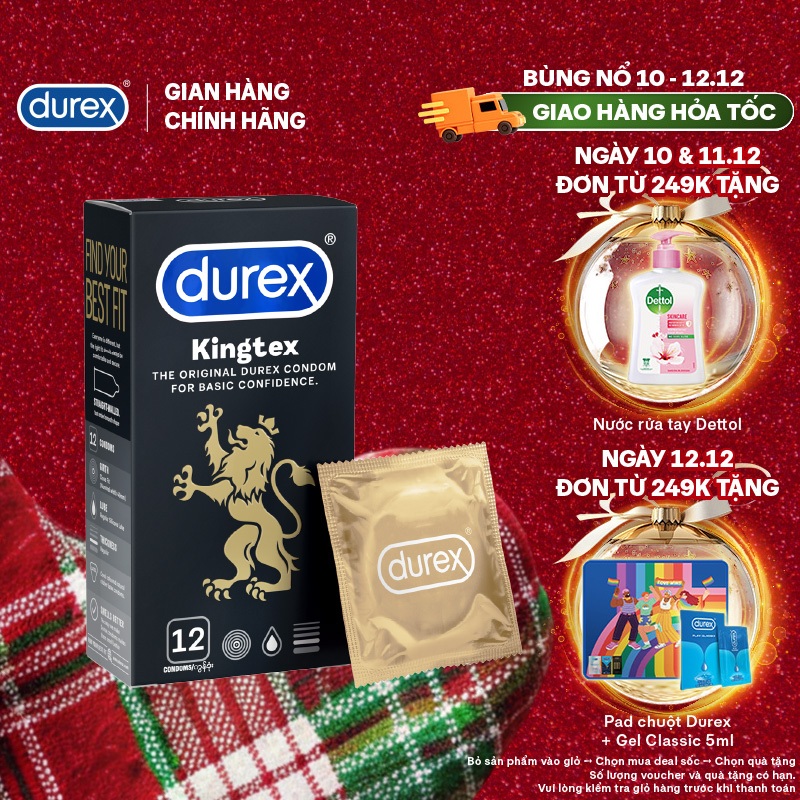 Bao cao su Durex Kingtex ôm sát, bôi trơn, size 49mm, hộp 12 bao