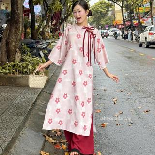 (HAVANA) CÓ BIGSIZE - Áo dài nhung chéo VẬN HÀN in hoa mai phối cutout vai thắt nơ kèm quần nhung AD227