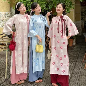 CÓ BIGSIZE - Áo dài nhung chéo VẬN HÀN in hoa mai phối cutout vai thắt nơ kèm quần nhung AD227
