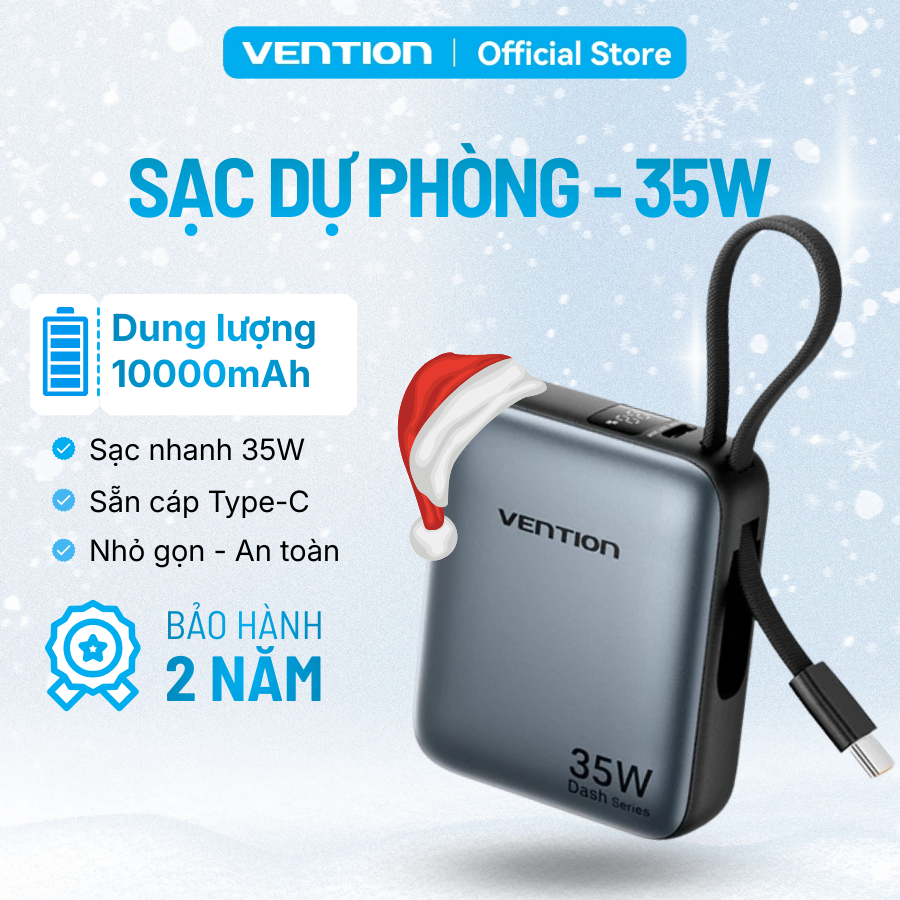 Sạc Dự Phòng 10000mAh Vention 35W PD3.0, Tích Hợp Cáp USB-C, Thiết Kế Nhỏ Gọn Tiện Lợi, Sạc Nhanh An Toàn Ổn Định