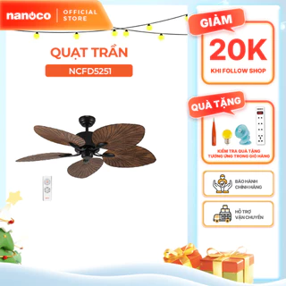 Quạt trần trang trí vân gỗ 5 cánh động cơ DC có remote Nanoco model NCFD5251 công suất 35W