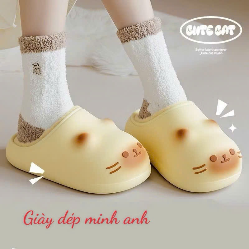 Dép Sục Lót Bông Hình Mèo Dễ Thương, Dép Bông Mềm Mịn Giữ Ấm Mùa Đông Cho Nữ