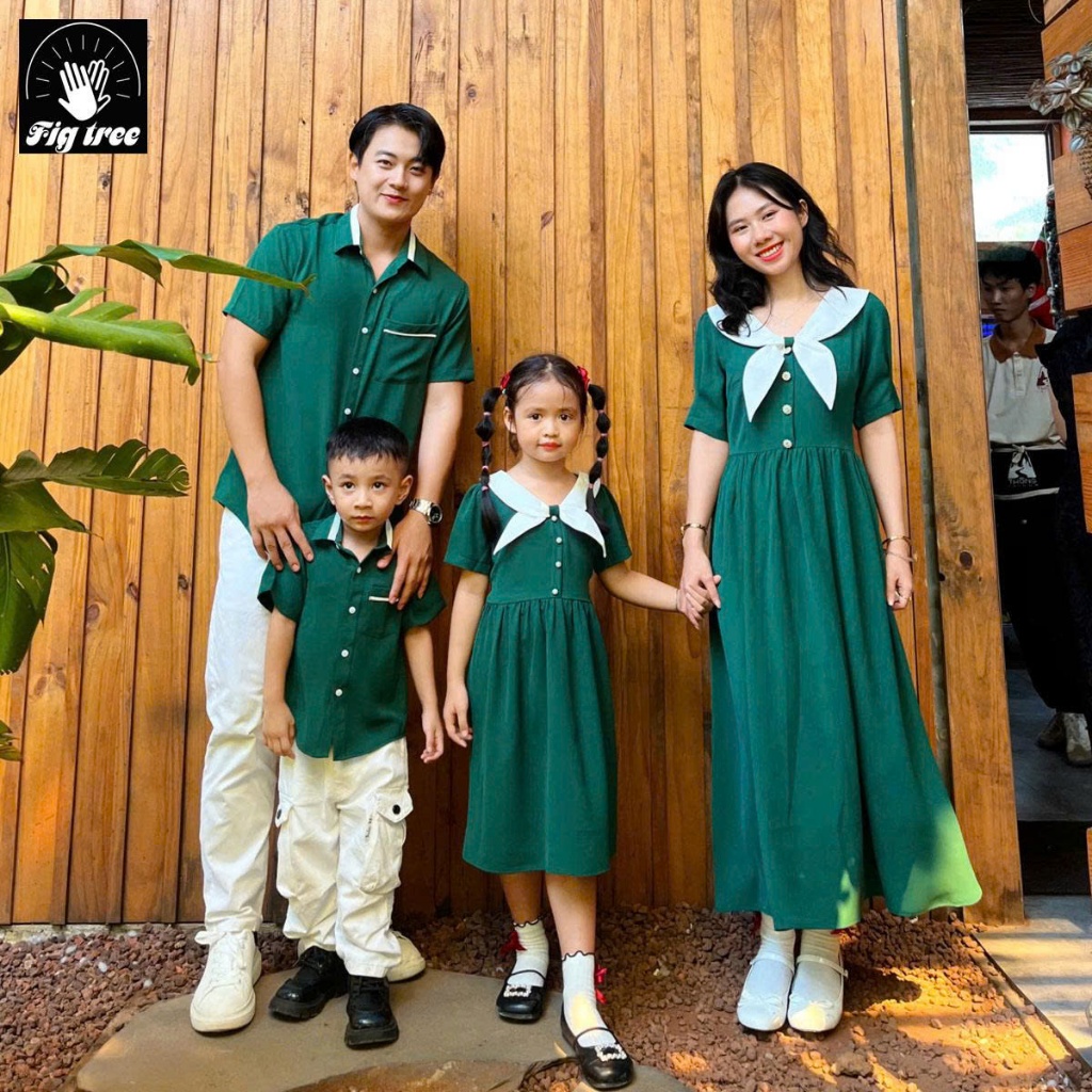 Đồ Gia Đình Fig Tree Màu Xanh Rêu Phối Trắng, Vải Đũi Cao Cấp Chụp Hình Noel , Đón Tết Siêu Sang