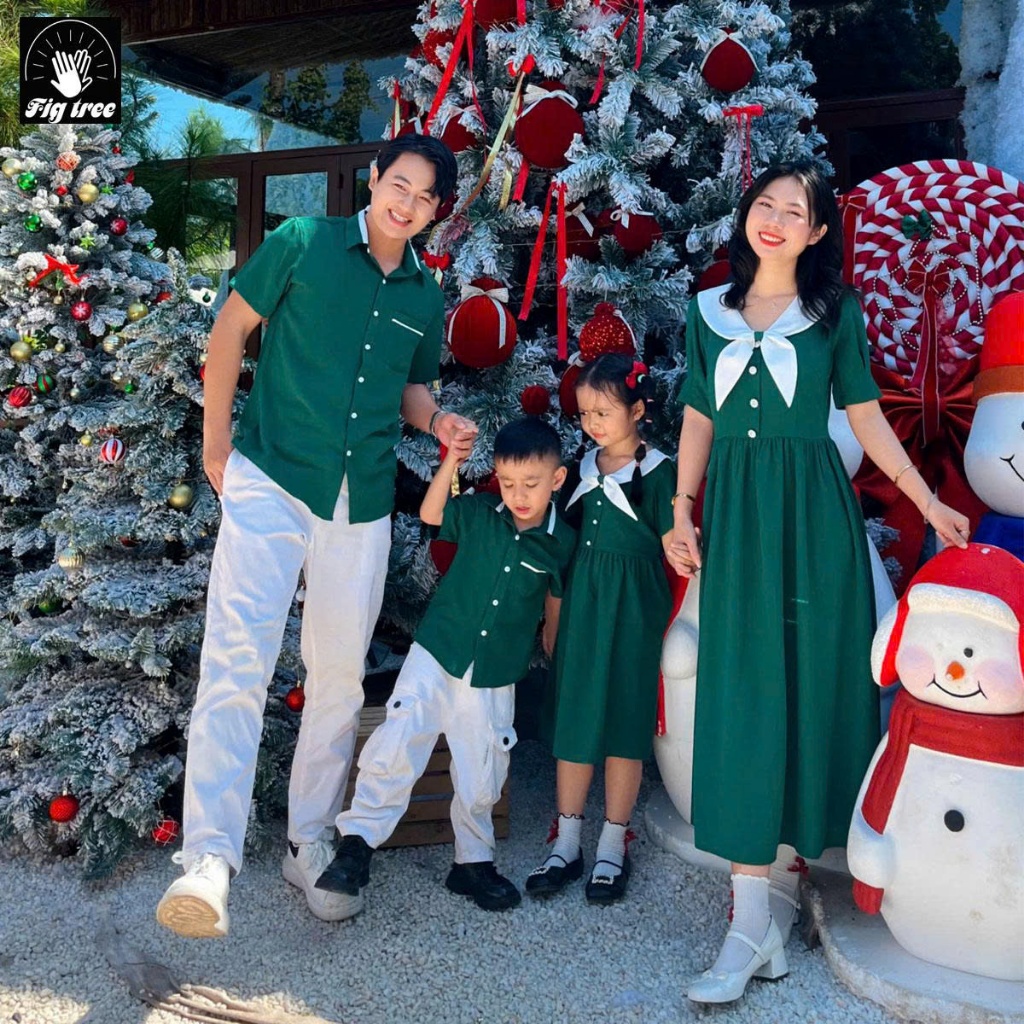 Đồ Gia Đình Fig Tree Màu Xanh Rêu Phối Trắng, Vải Đũi Cao Cấp Chụp Hình Noel , Đón Tết Siêu Sang