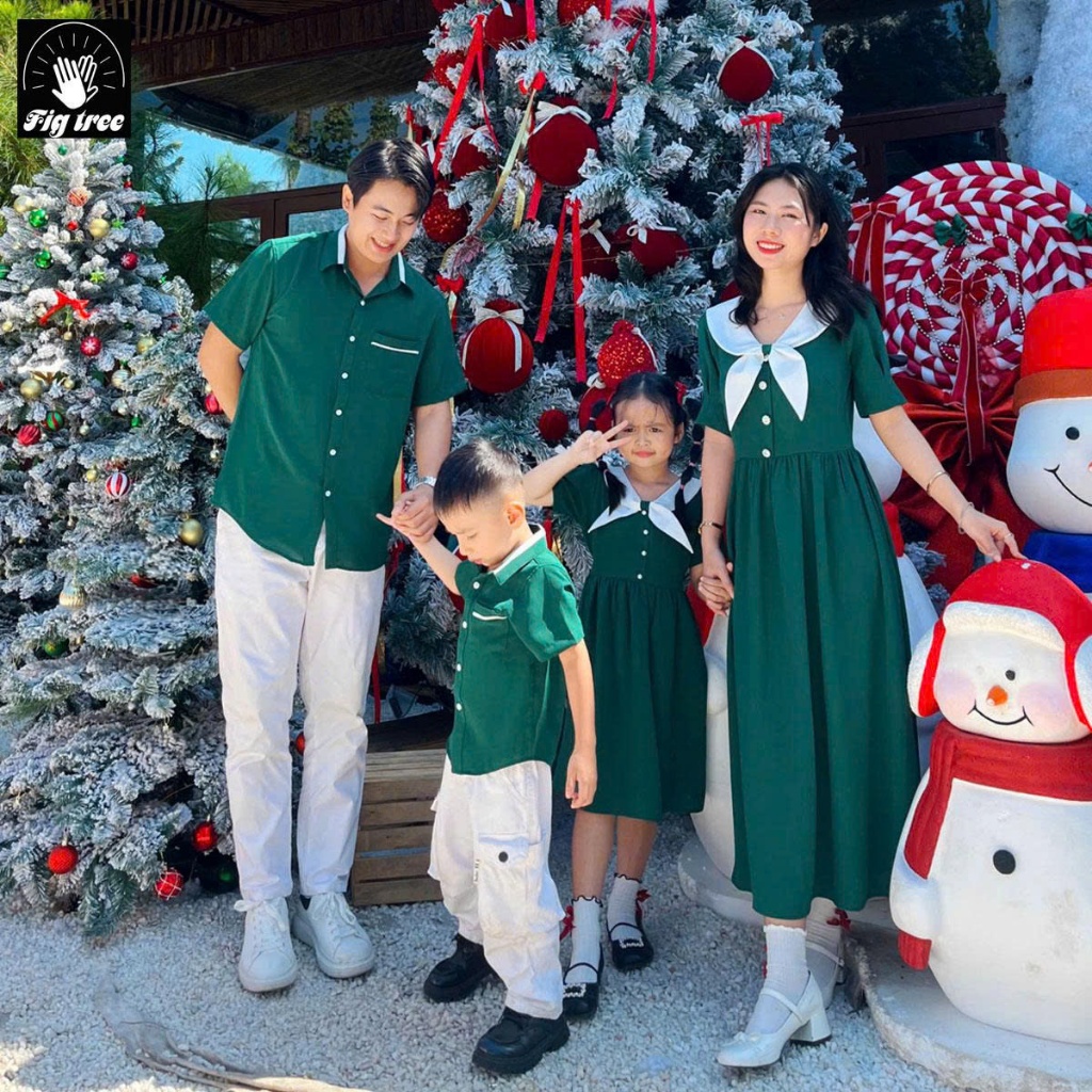 Đồ Gia Đình Fig Tree Màu Xanh Rêu Phối Trắng, Vải Đũi Cao Cấp Chụp Hình Noel , Đón Tết Siêu Sang