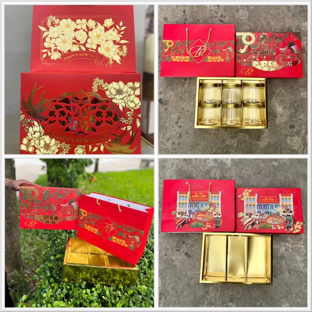 vỏ hộp quà tết đựng bánh mứt hàng có sẵn tiện lợi nâng tầm thương hiệu phần quà của bạn