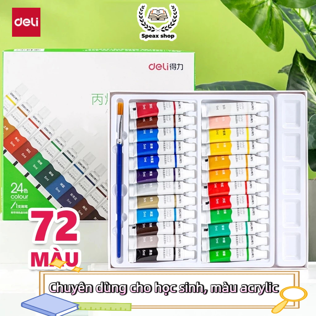 Deli Bộ Màu Acrylic Dạng Tuýp 5ml, Chống Nước  Màu Tươi, Nhanh Khô, Kèm Khay Cọ