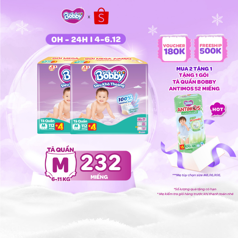 [TẶNG MIẾNG NGẪU NHIÊN] Combo 02 tã quần Bobby Khô Thoáng - 100% Thoáng Khí Mega Jumbo M112/L96/XL84/XXL76