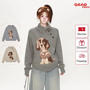 Áo len GRADPOPU dệt kim chui đầu cổ lọ phong cách cổ điển rộng rãi hình cún con dễ thương PAL159
