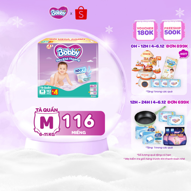 [TẶNG MIẾNG NGẪU NHIÊN] Tã quần Bobby Khô Thoáng - 100% Thoáng Khí Mega Jumbo  M112/L96/XL84/XXL76