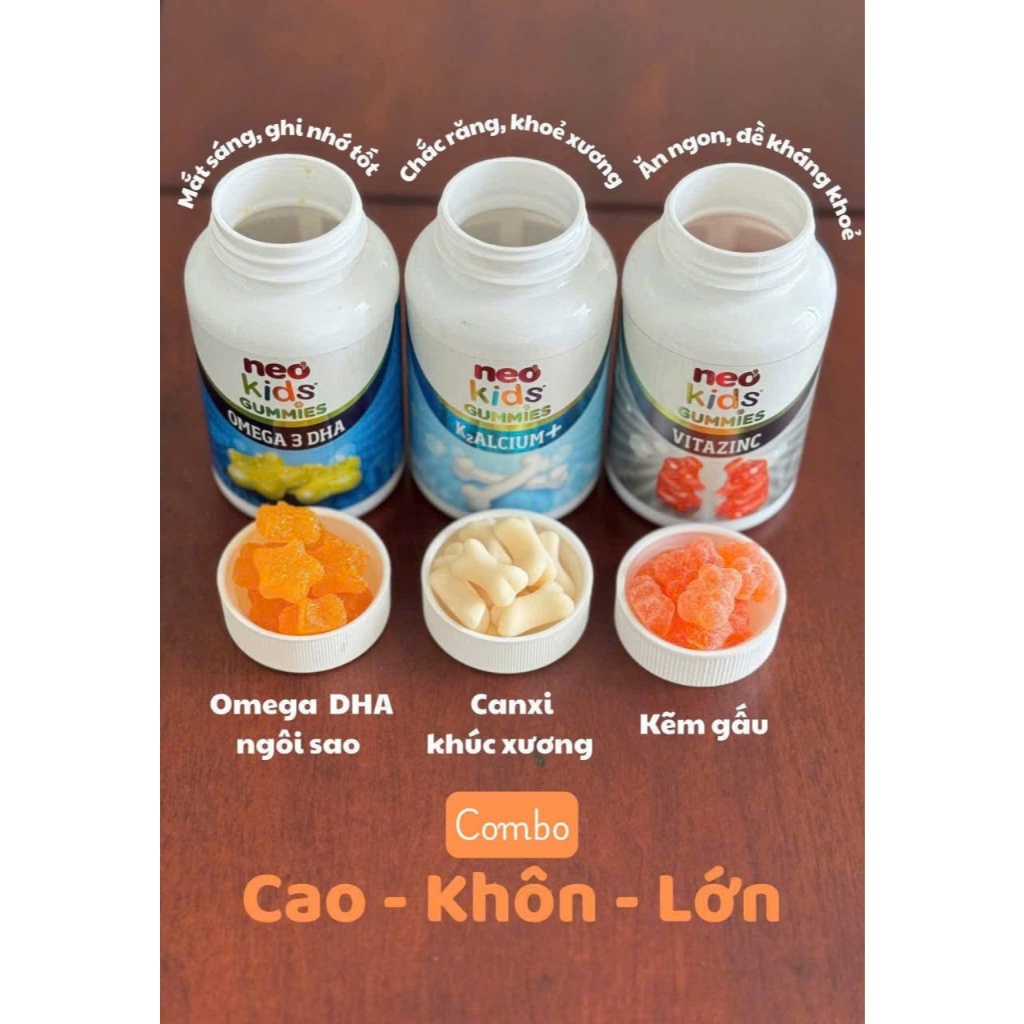 BỘ 3 GUMMIES NEOKIDS - CANXI, DHA, KẼM hộp 60 viên nhai+ quà