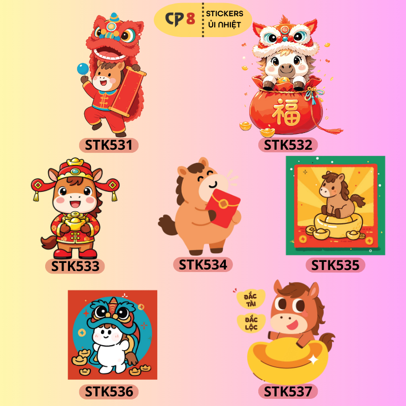 Bộ Hình In, Ủi Nhiệt Sticker Tết Bính Ngọ 2026 BST03 - CP8 PET Sticker