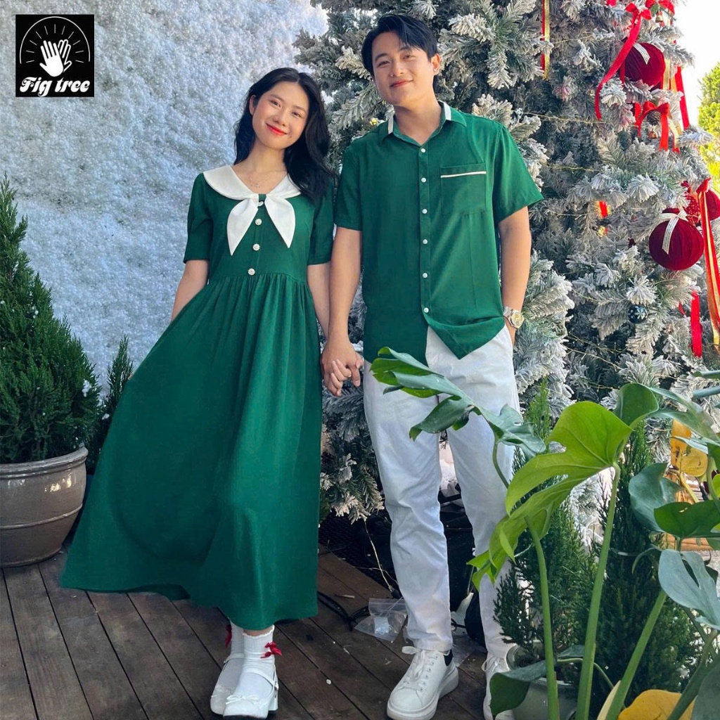 Đồ Đôi Couple Noel Màu Xanh Rêu – Sơ Mi Nam Váy Nữ Vintage, Vải Đũi Mềm Mịn, Lên Hình Xinh Lung Linh