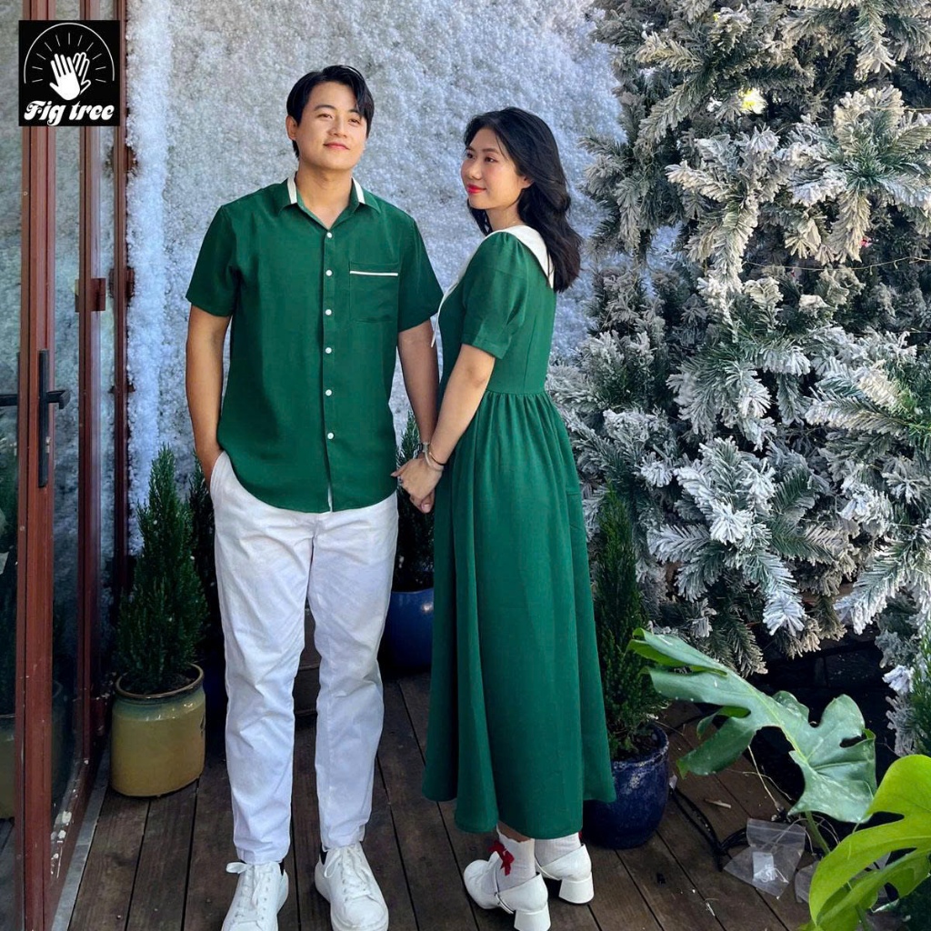 Đồ Đôi Couple Noel Màu Xanh Rêu – Sơ Mi Nam Váy Nữ Vintage, Vải Đũi Mềm Mịn, Lên Hình Xinh Lung Linh
