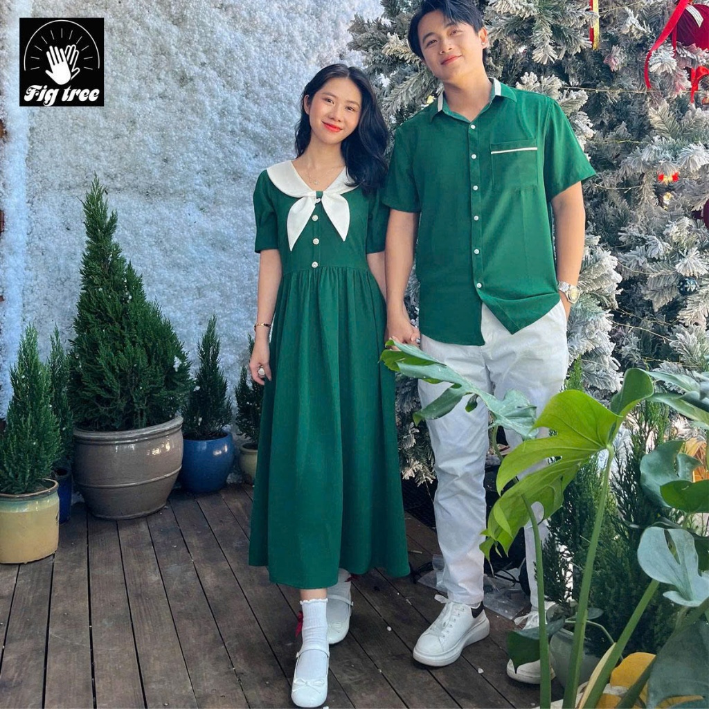 Đồ Đôi Couple Noel Màu Xanh Rêu – Sơ Mi Nam Váy Nữ Vintage, Vải Đũi Mềm Mịn, Lên Hình Xinh Lung Linh