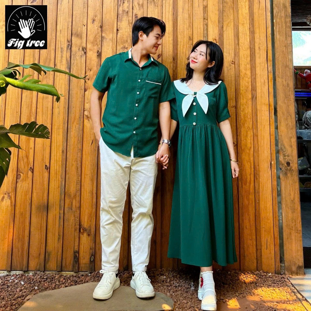 Đồ Đôi Couple Noel Màu Xanh Rêu – Sơ Mi Nam Váy Nữ Vintage, Vải Đũi Mềm Mịn, Lên Hình Xinh Lung Linh