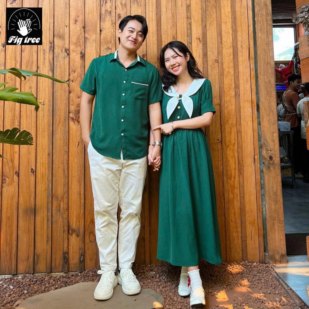 Đồ Đôi Couple Noel Màu Xanh Rêu – Sơ Mi Nam Váy Nữ Vintage, Vải Đũi Mềm Mịn, Lên Hình Xinh Lung Linh
