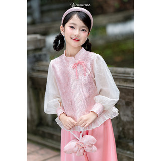 [HÀNG SẴN] - Set đồ Tết cho bé gái HUMY NGO bé 4-12 tuổi, áo cổ Tàu vải gấm tay voan phối quần hồng pastel [S193