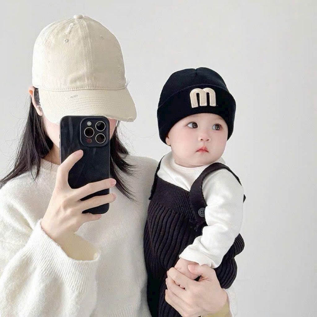 Mũ Len Thêu Chữ M Phong Cách Hàn Quốc Cho Bé Cưng, Mũ len mùa đông ấm áp cho bé, mũ len xinh xắn