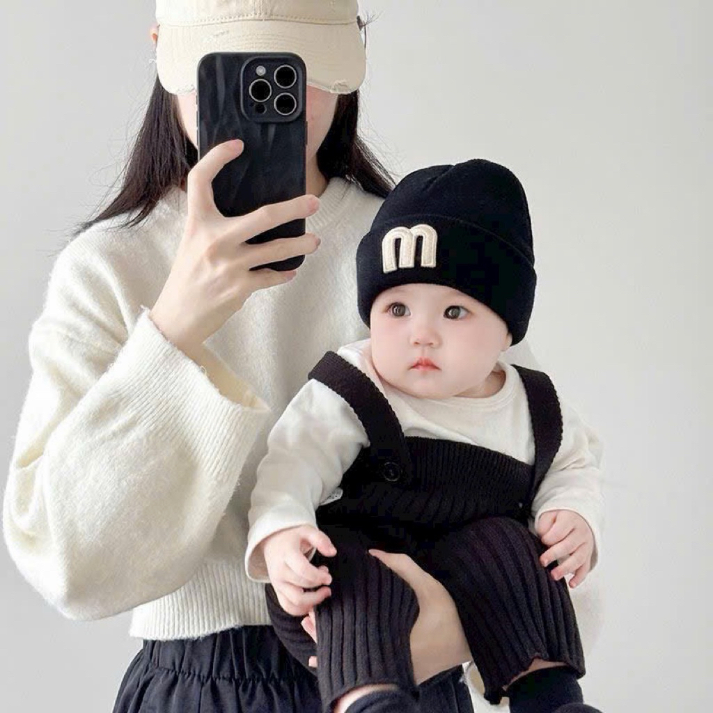 Mũ Len Thêu Chữ M Phong Cách Hàn Quốc Cho Bé Cưng, Mũ len mùa đông ấm áp cho bé, mũ len xinh xắn