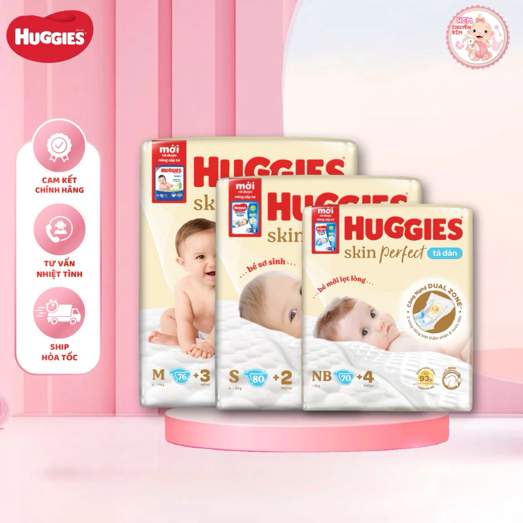 Tã Dán Huggies Skincare Perfect Size NB70+4/S80+2/M76+3 Miếng Cho Bé Thoáng Khí Chống Hăm - Chính Hãng