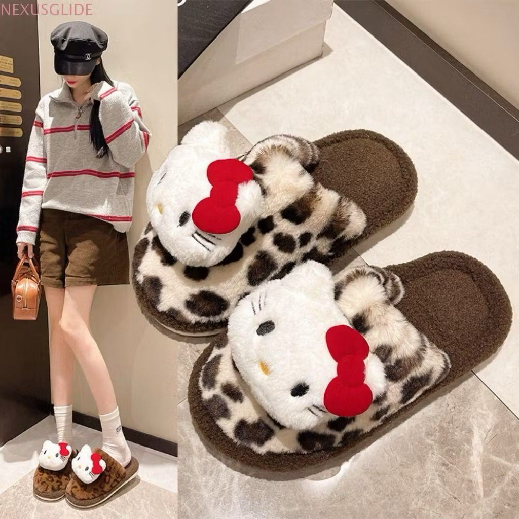 ⭐ Dép bông Hello Kitty họa tiết da báo siêu dễ thương lông xù mềm, êm chân giữ ấm