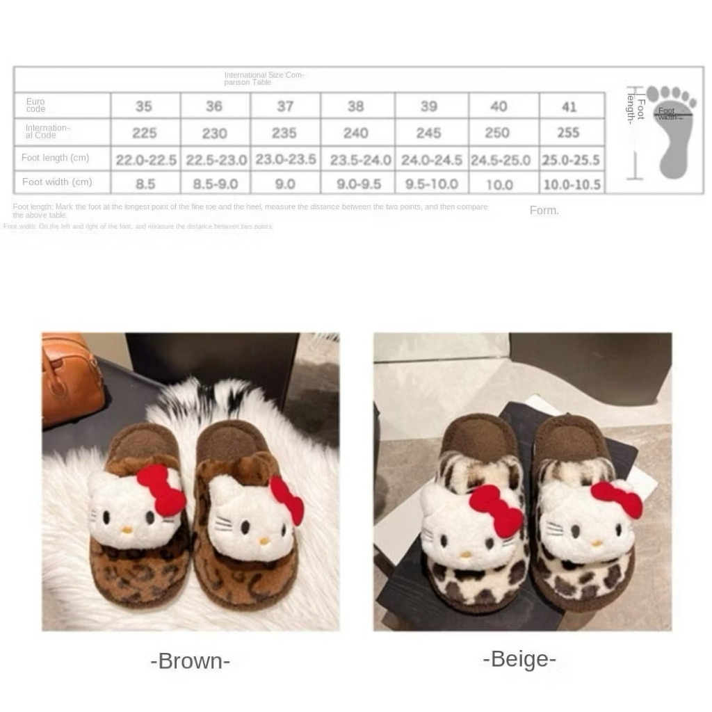 ⭐ Dép bông Hello Kitty họa tiết da báo siêu dễ thương lông xù mềm, êm chân giữ ấm