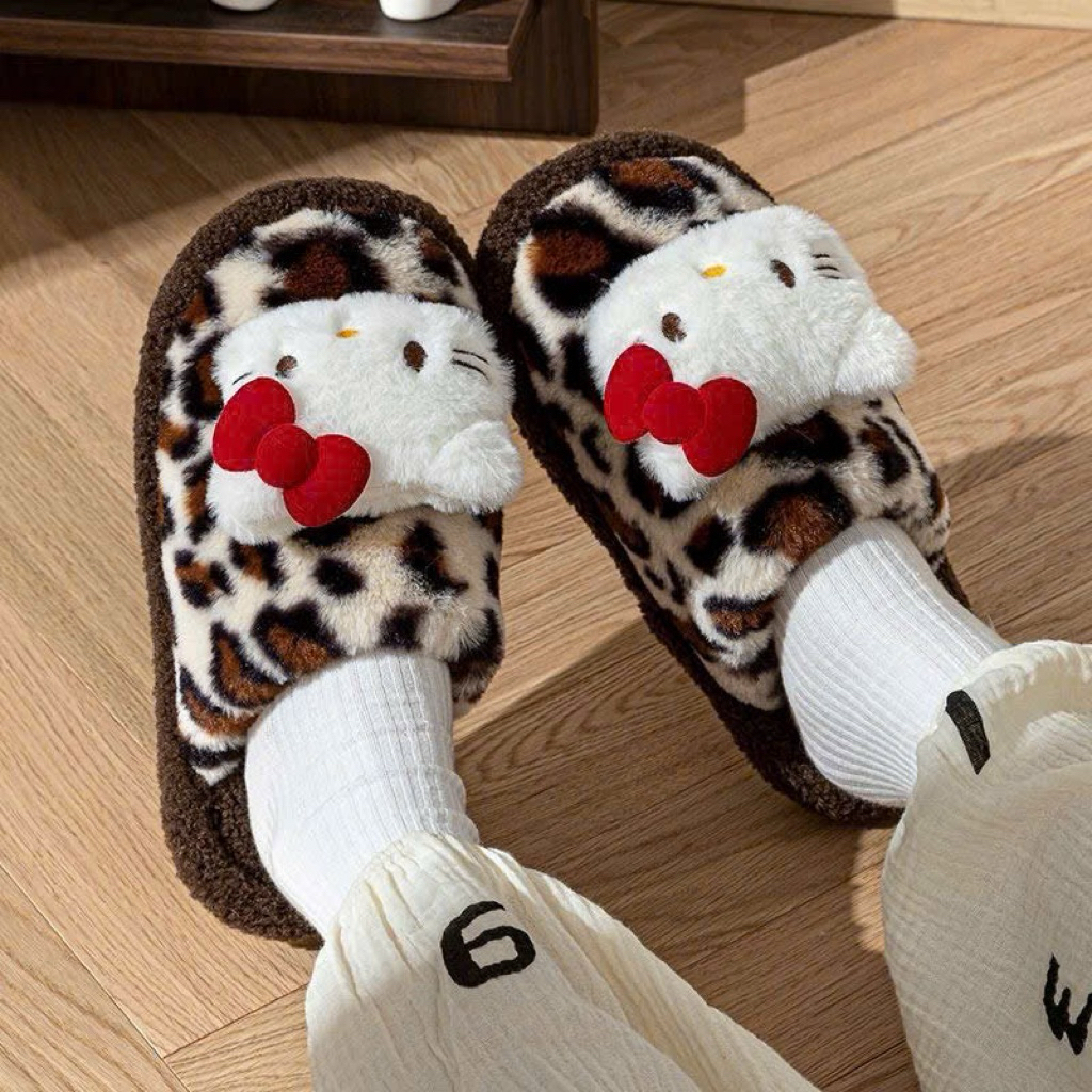 ⭐ Dép bông Hello Kitty họa tiết da báo siêu dễ thương lông xù mềm, êm chân giữ ấm