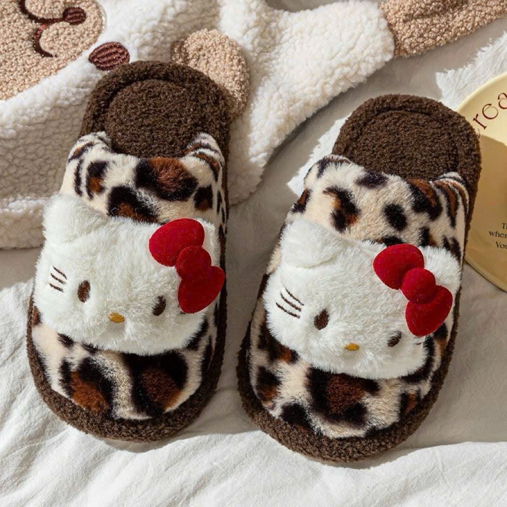 ⭐ Dép bông Hello Kitty họa tiết da báo siêu dễ thương lông xù mềm, êm chân giữ ấm