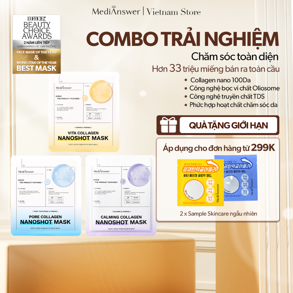 [COMBO Trải nghiệm] 3 Miếng mặt nạ Collagen Nanoshot MediAnswer Calming+Pore+Vita Collagen Nanoshot Mask (37g x 3)