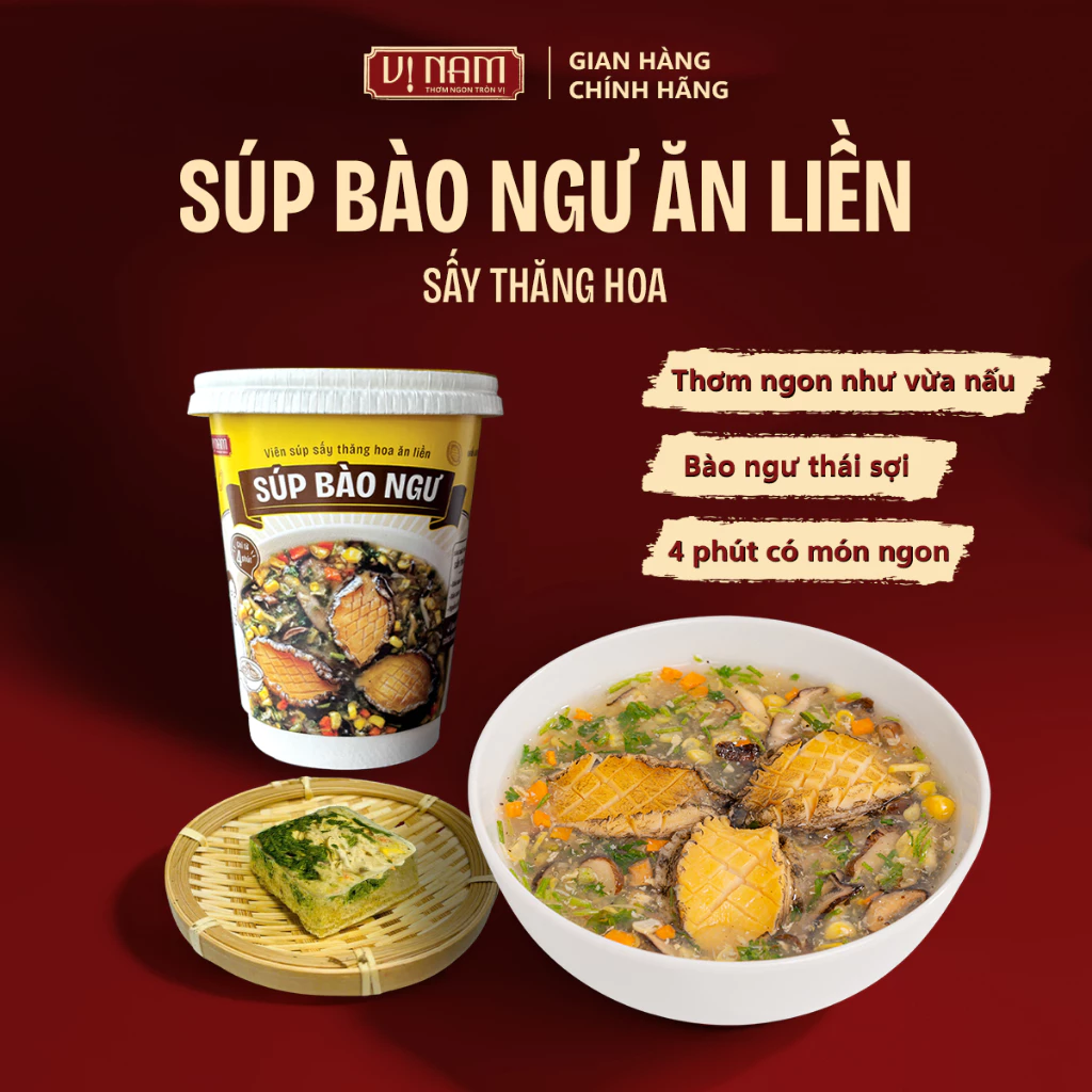 Cốc Súp bào ngư - Viên súp sấy thăng hoa ăn liền: Súp bào ngư - Vị Nam - 01 cốc 13 gam