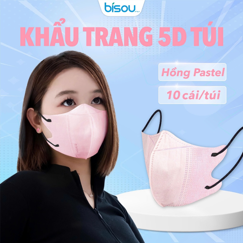 Túi 10 cái khẩu trang cao cấp 5D hiệu BISOU, thiết kế thời trang