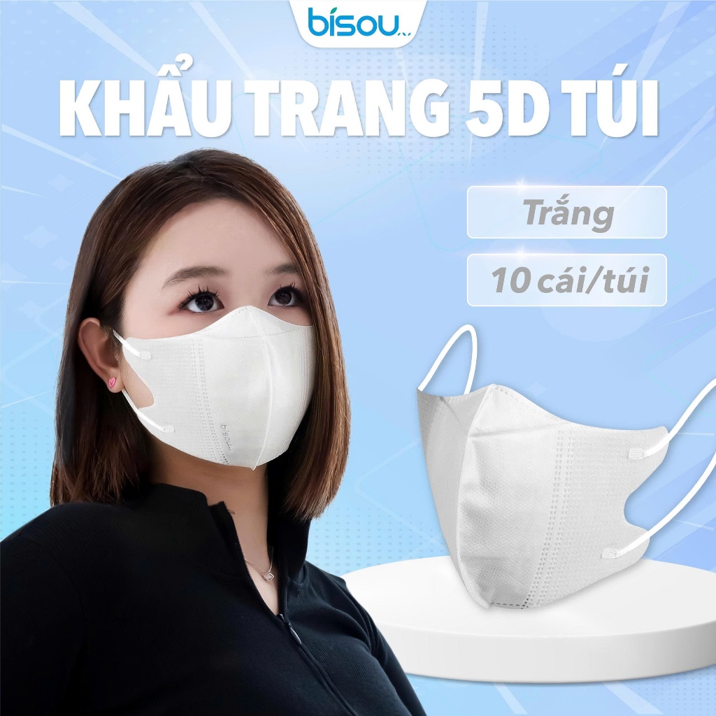 Túi 10 cái khẩu trang cao cấp 5D hiệu BISOU, thiết kế thời trang